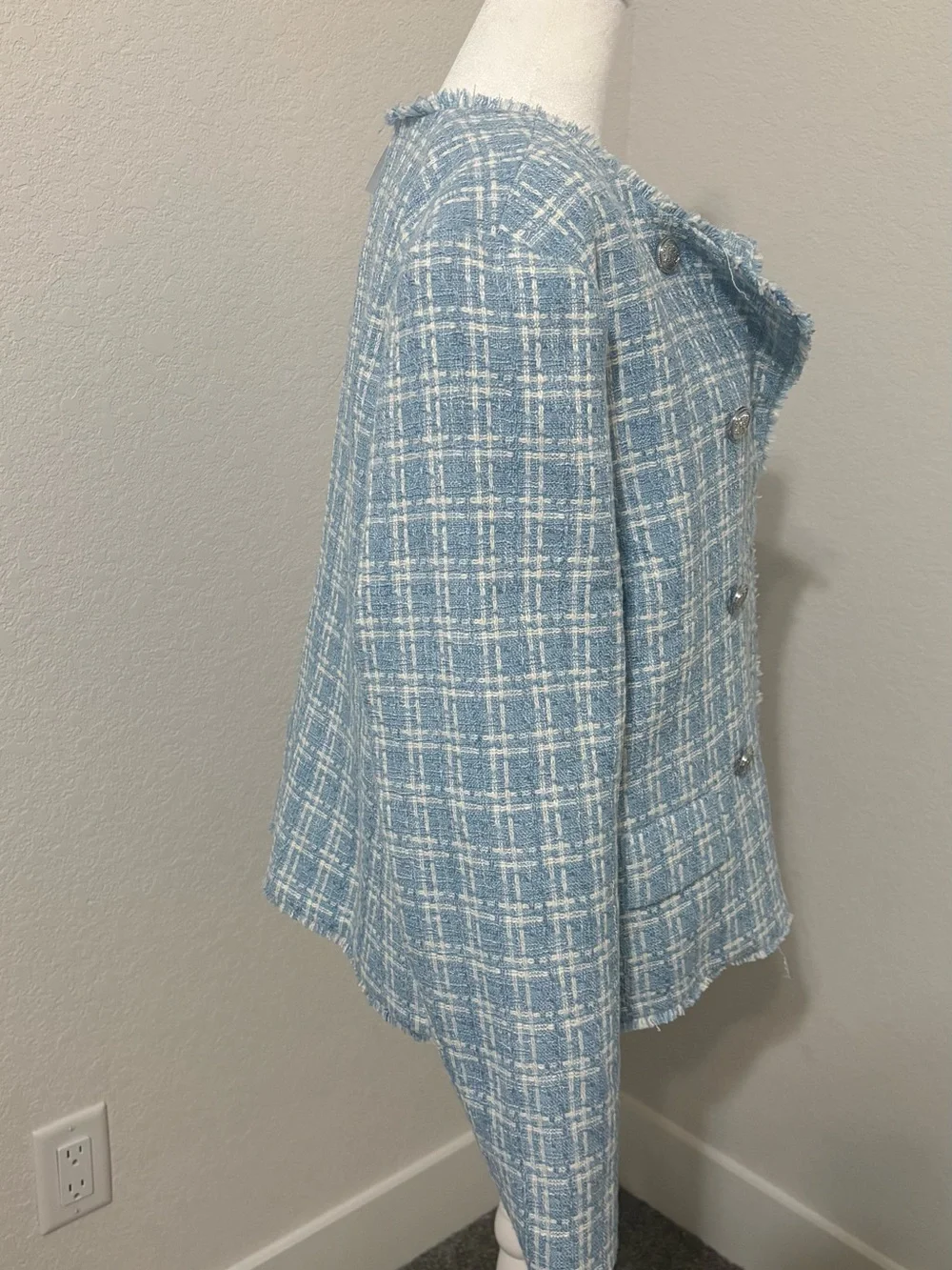Ann Taylor Factory Sky Blue & White Tweed Double-Breasted Blazer